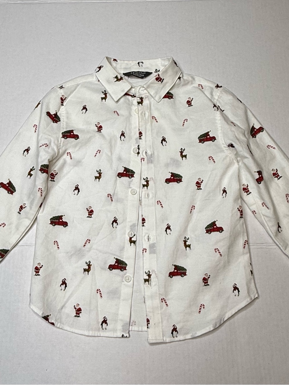 Primark Boys Size 5  white Button-Up Long Sleeve Christmas Santa Print